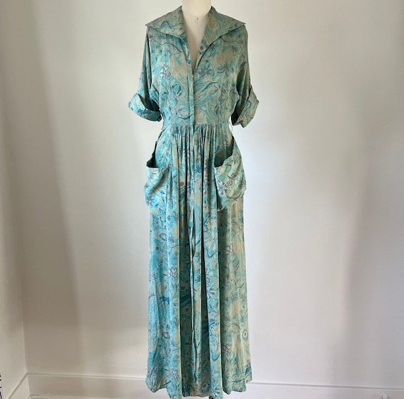 50s Zip Up Silk Hostess Dress, XS, 1950s Dressing… - image 1