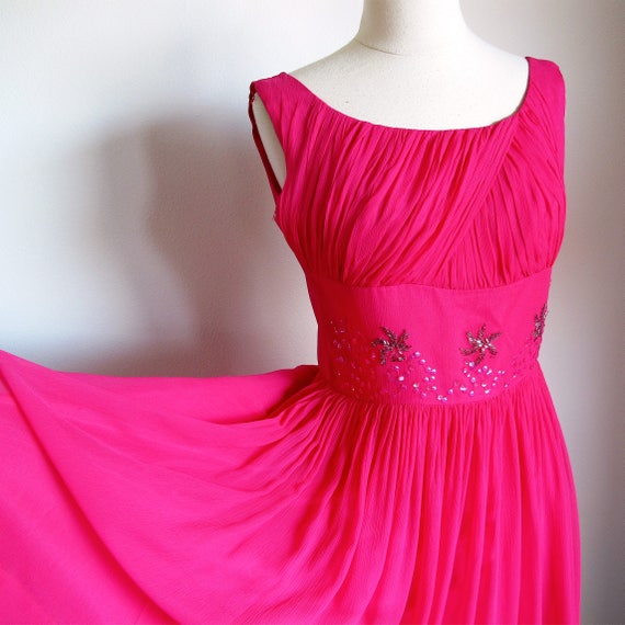 1950s Hot Pink Dress, Size S, Party Dress, Chiff