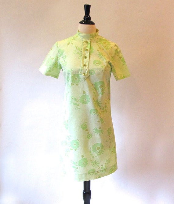 Vintage Green Dress, Size S, Cotton 60s Shift, Mo… - image 1