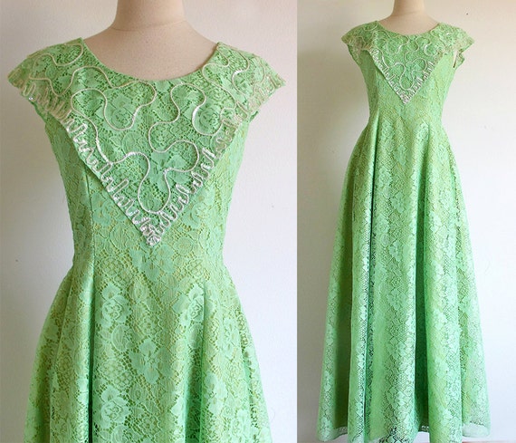 70s Green Lace Dress - image 1