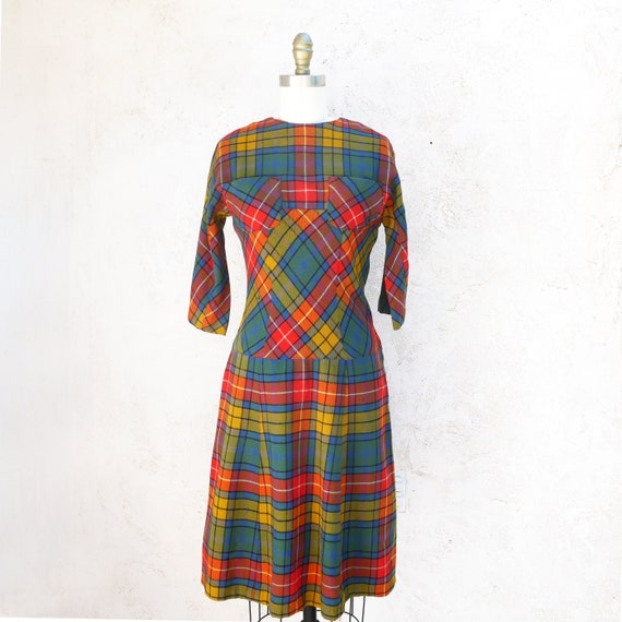 Vintage Fall Dress, 1950s Wool Plaid Fit and Flare