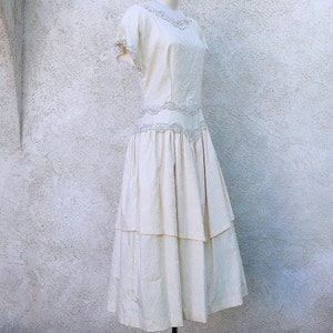 1980s Tea Length Cotton Ivory Drop Waist Wedding Dress image 3