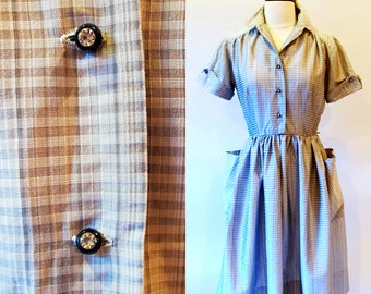 50s Button Front Dress in Silver Gray Cotton, VFG
