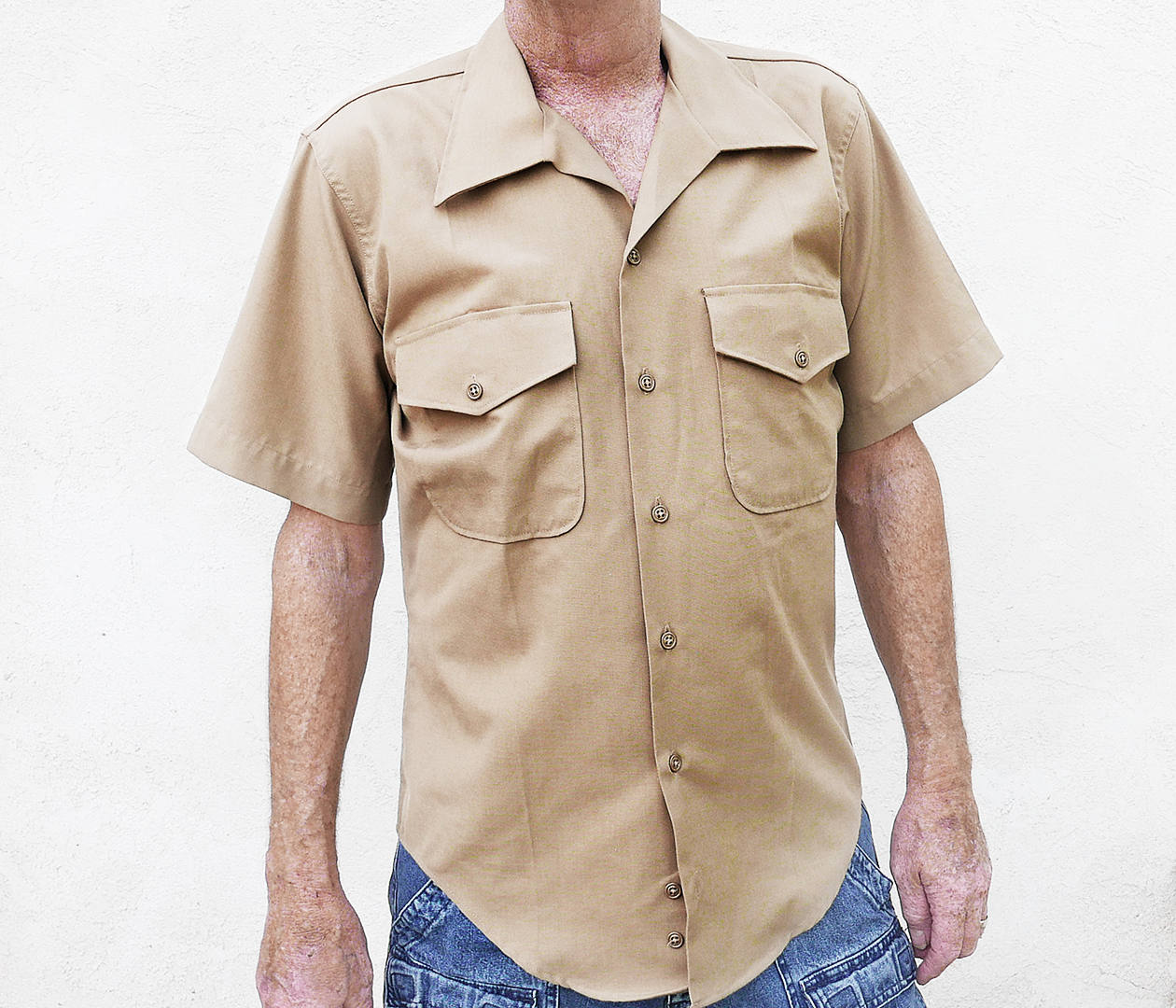 60s Tan Military Shirt Mens Work Wear 