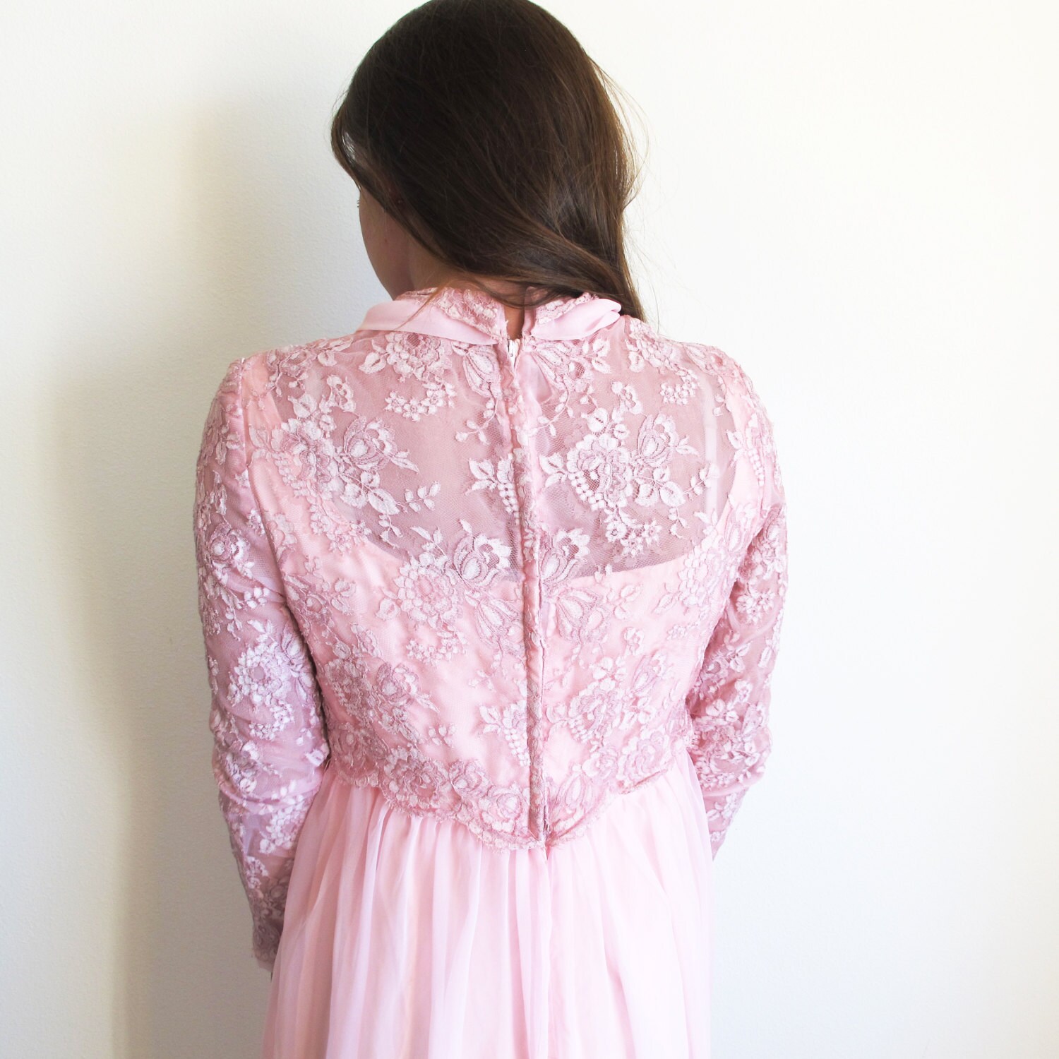 Pink Empire Waist Dress with Long Sleeves, Size M, VFG