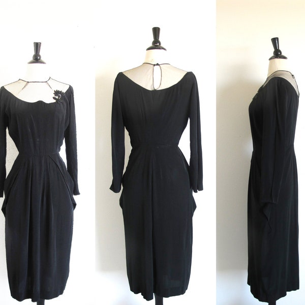 1940s Old Hollywood Dress in Black Rayon, Film Noir 40s Cocktail Dress