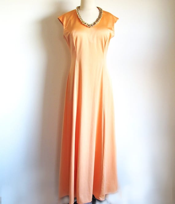 70s Sleeveless Orange Gown, Size M, Bias Cut Rhin… - image 1