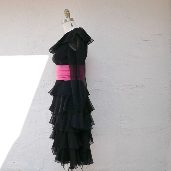 Black Silk Chiffon Dress, 70s Party Dress, Tiered… - image 8