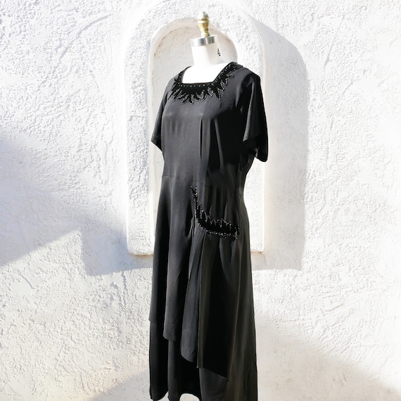 1930s Black Rayon Dress with Velvet Trim