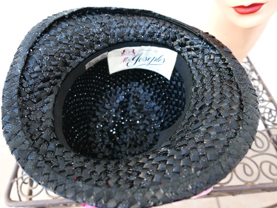 Floral Hat, Vintage 1950s Black Raffia Hat with P… - image 9