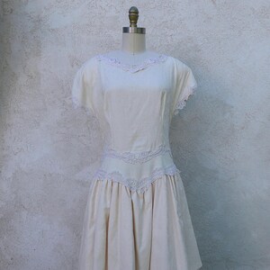 1980s Tea Length Cotton Ivory Drop Waist Wedding Dress image 2