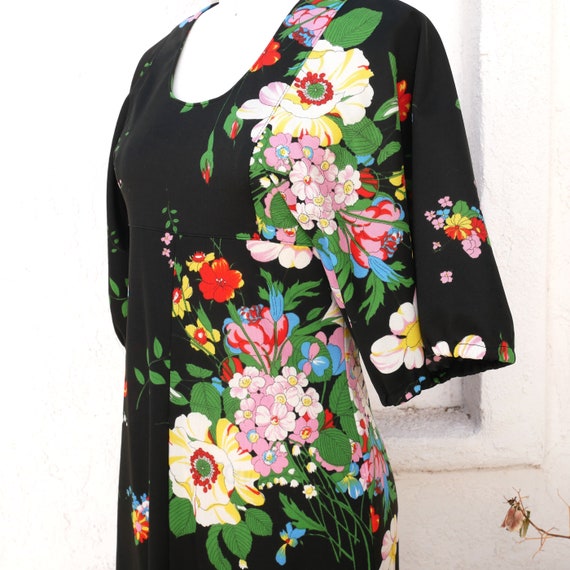 70s Flower Print Maxi, Size Small, Black Boho Dre… - image 10