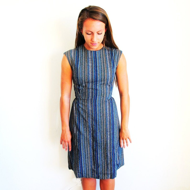 60s Dress and Shawl, Size XS, Blue Striped Silk, VFG image 1