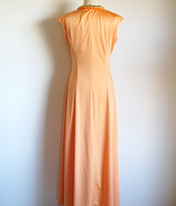 70s Sleeveless Orange Gown, Size M, Bias Cut Rhin… - image 4