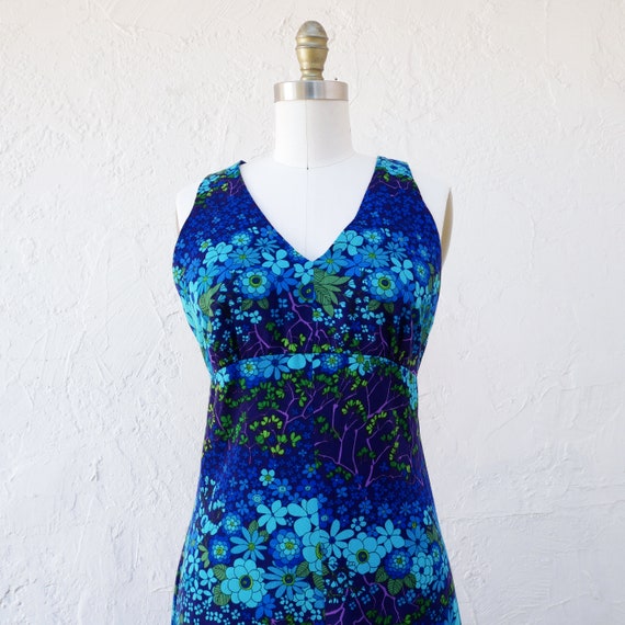 70s Floral Dress, Long Blue Boho Dress - image 2