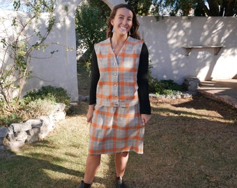 1960s Wool Gray Plaid Skirt with Matching Vest Large Size