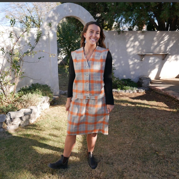 1960s Wool Gray Plaid Skirt With Matching Vest Large Size Etsy
