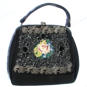 Vintage 50s Beaded Handbag, Embellished Black Purse, VFG