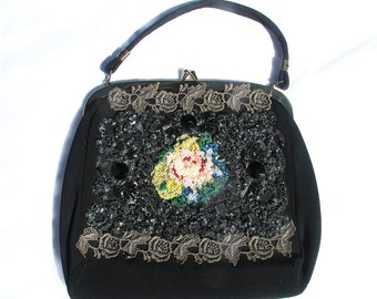Vintage 50s Beaded Handbag, Embellished Black Purse, VFG