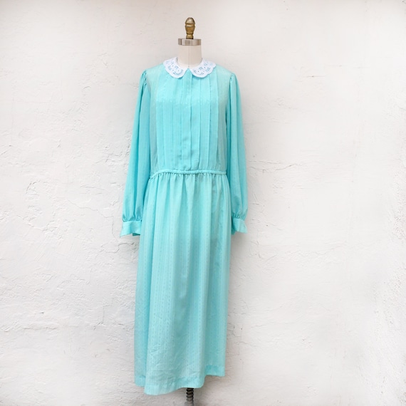 Long Aqua Dress with Long Sleeves and a Lace Coll… - image 1