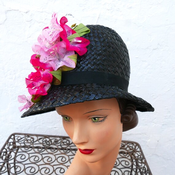 Floral Hat, Vintage 1950s Black Raffia Hat with P… - image 10