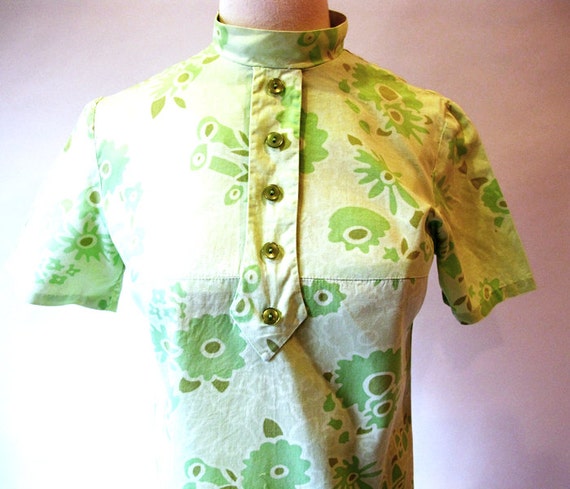 Vintage Green Dress, Size S, Cotton 60s Shift, Mo… - image 2