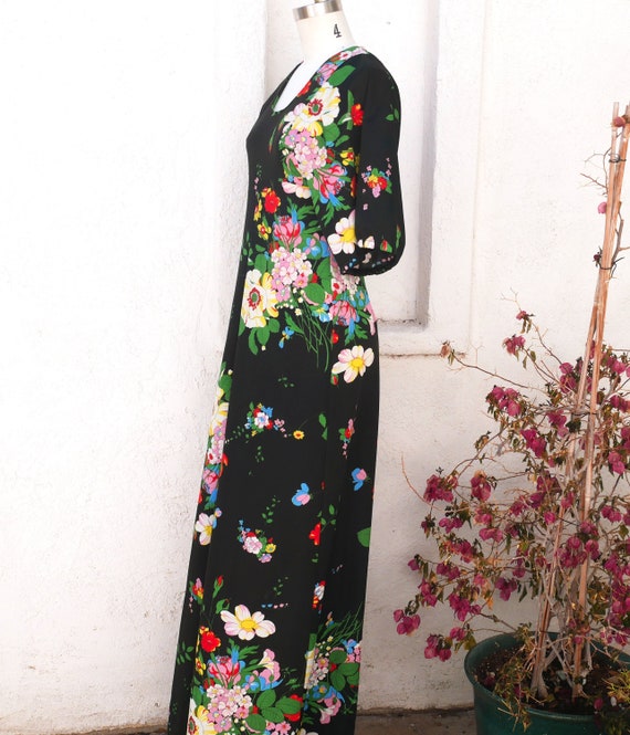 70s Flower Print Maxi, Size Small, Black Boho Dre… - image 9