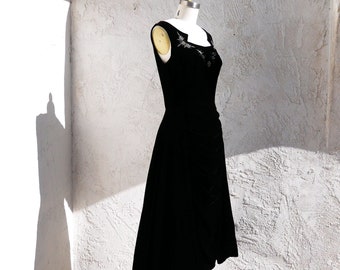 50s Cocktail Dress, Size M, Black Velvet and Rhinestone Evening Dress