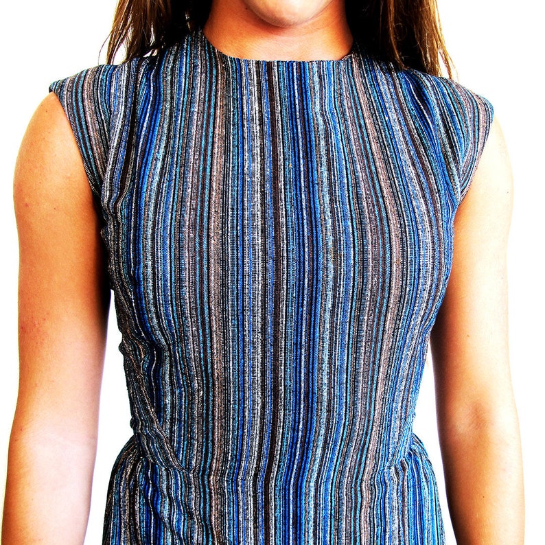 60s Dress and Shawl, Size XS, Blue Striped Silk, VFG image 2