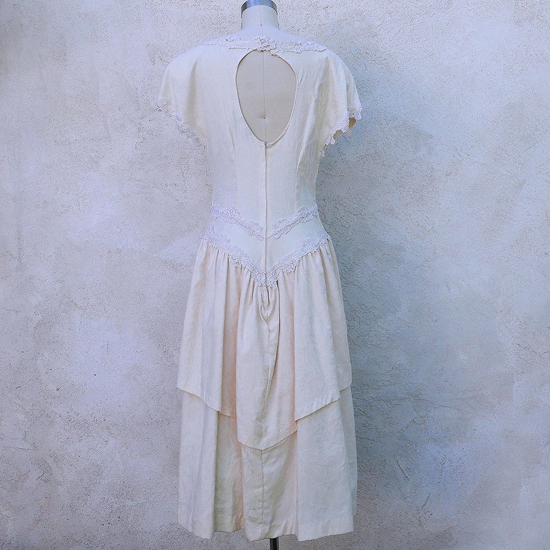 1980s Tea Length Cotton Ivory Drop Waist Wedding Dress image 4