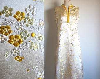 60s Ivory Satin Gown, Size M, 1960s Empire Waist Dress, Golden Flower Dress, VFG