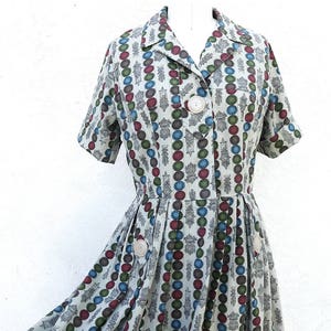 1950s Day Dress, Small Size, Novelty Print Cotton Frock, Shirtwaist, VFG