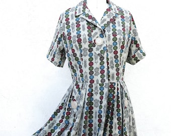 1950s Day Dress, Small Size, Novelty Print Cotton Frock, Shirtwaist, VFG