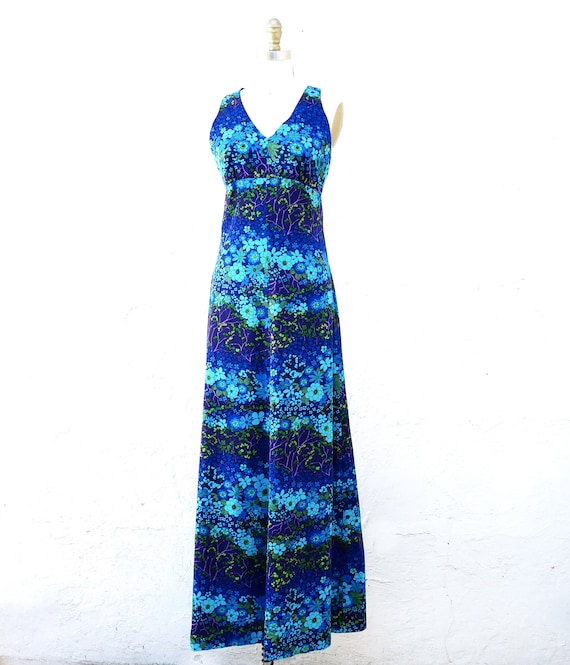 70s Floral Dress, Long Blue Boho Dress - image 1