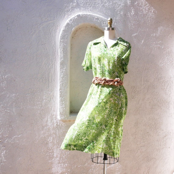 70s Lime Green Summer Dress with a Leaf Pattern in