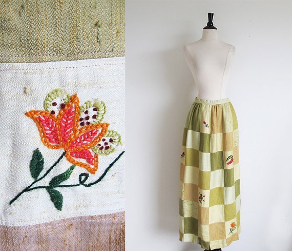 Vintage 70s Maxi Patchwork Skirt, Hand Embroidered