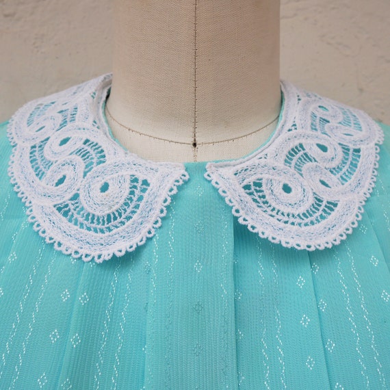Long Aqua Dress with Long Sleeves and a Lace Coll… - image 3