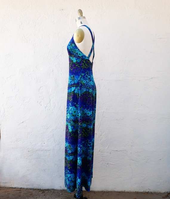 70s Floral Dress, Long Blue Boho Dress - image 9