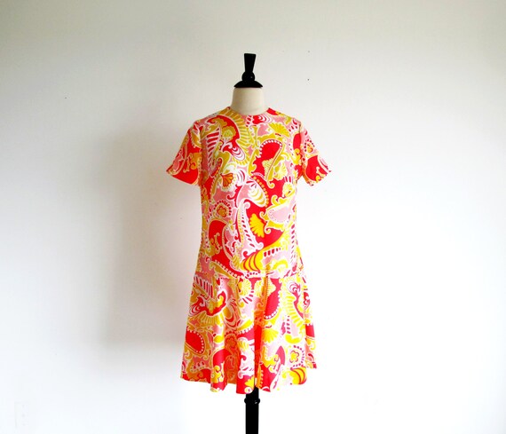 1960s Mod Dress, Psychedelic Drop Waist Print Dres