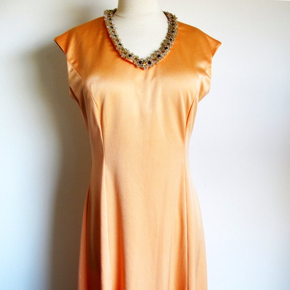 70s Sleeveless Orange Gown, Size M, Bias Cut Rhin… - image 2