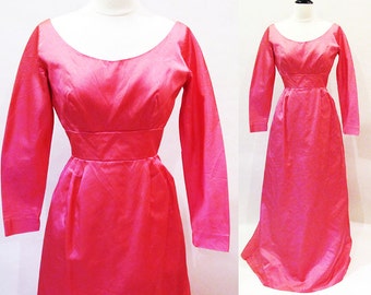 60s Pink Dress, Size S, Long Sleeve Formal Gown