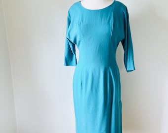 50s Turquoise Wool Dress, Size M, VFG, 50s Designer Dress