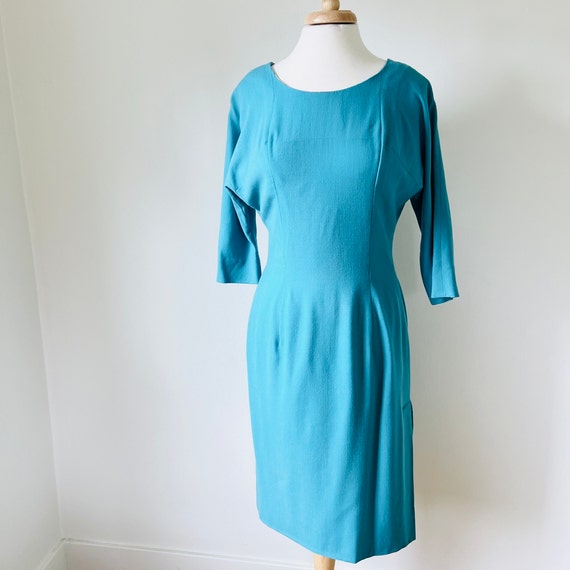 50s Turquoise Wool Dress, Size M, VFG, 50s Designe