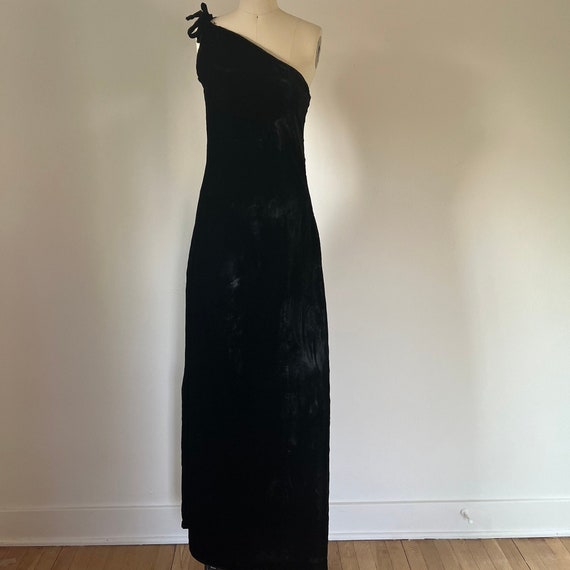 70s Black Velvet, One Shoulder, XS, Side Slit Dre… - image 1