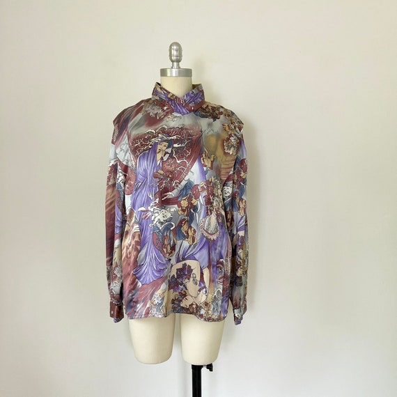 Art Nouveau Shirt, Size L, 70s High Neck Blouse, … - image 1