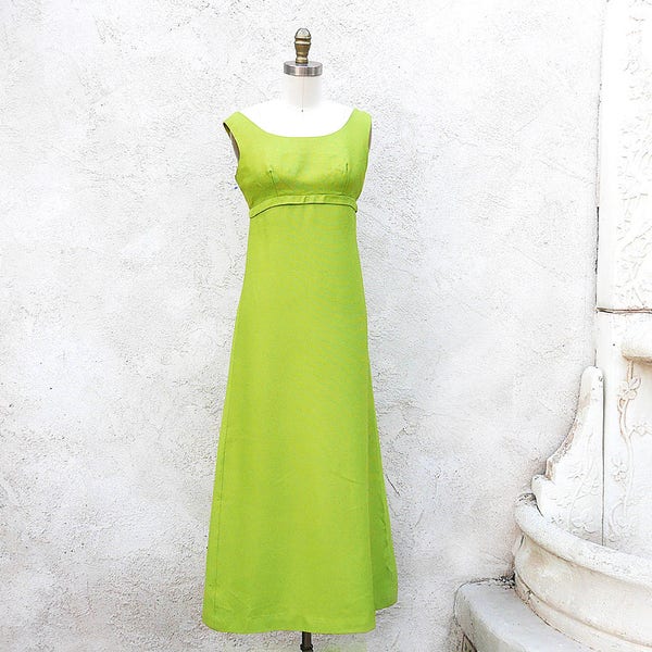 Vintage 60s Mod Gown, Size S, Lime Green Sleeveless Dress with Rhinestone Buttons, Empire Waist Bridesmaid, Prom, Reception Dress