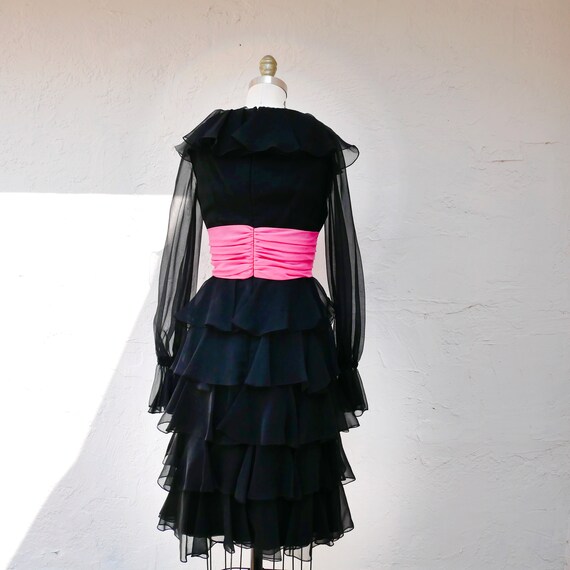 Black Silk Chiffon Dress, 70s Party Dress, Tiered… - image 5