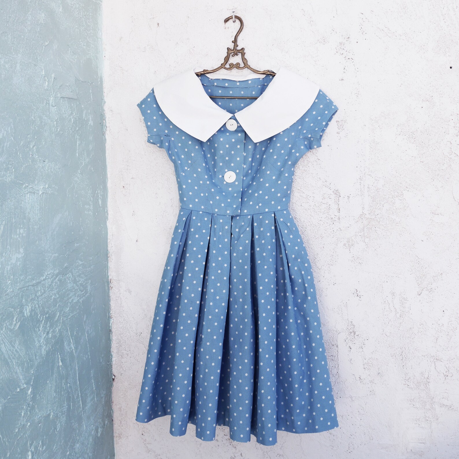 1950s Blue Red Polka Dot Cotton Dress | XS/S