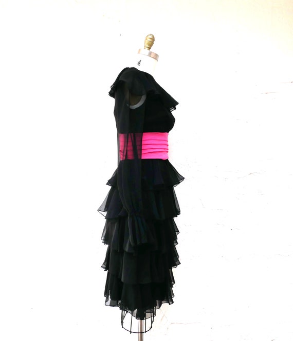 Black Silk Chiffon Dress, 70s Party Dress, Tiered… - image 4