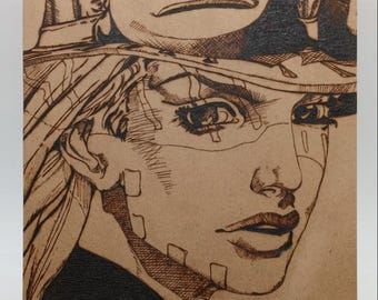 Gyro Zeppeli wood burning art, handmade pyrography art